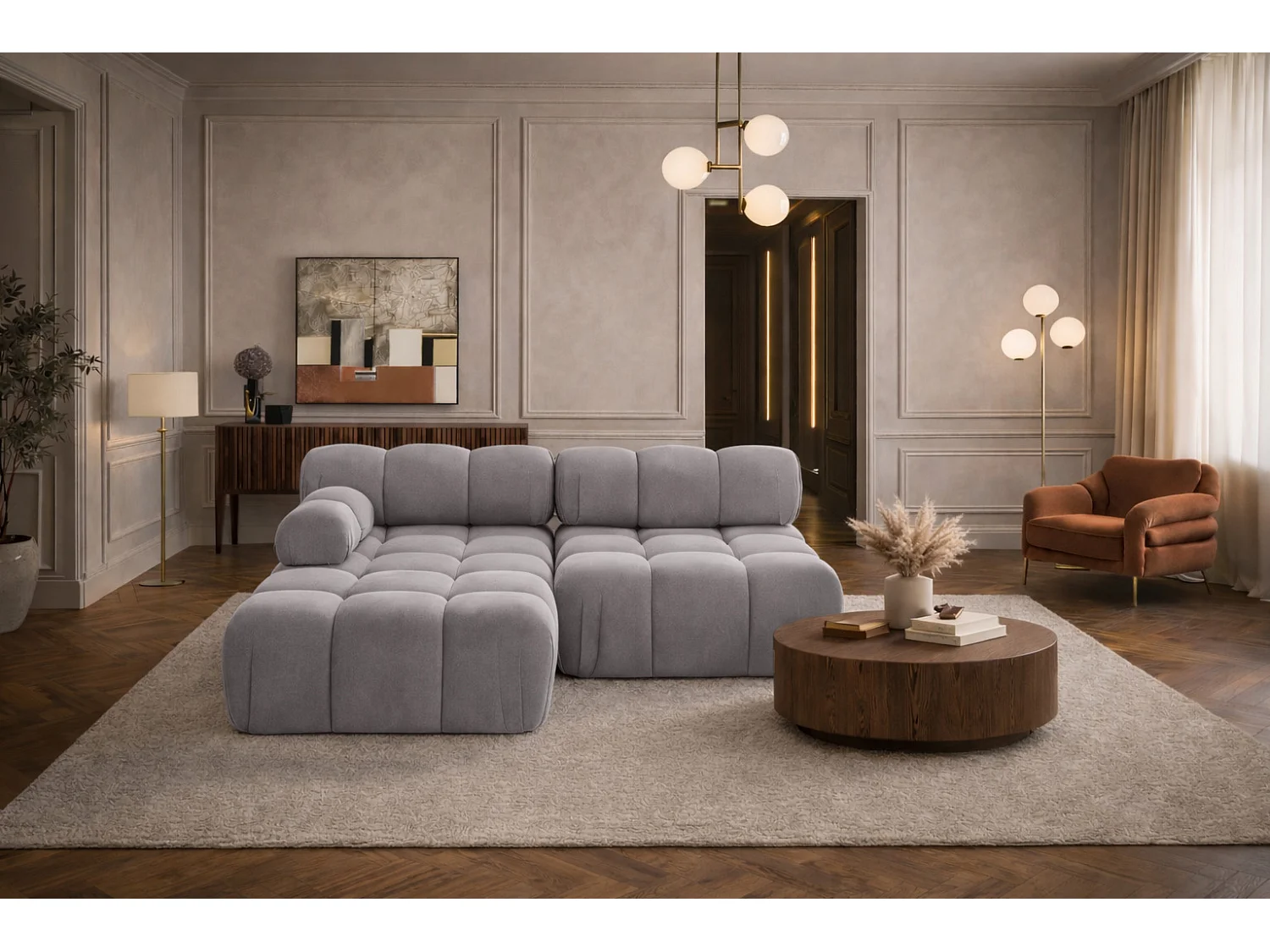 Canapé d’angle en L Mini II modulaire, velours Salvador, Gris, Gauche, Selia