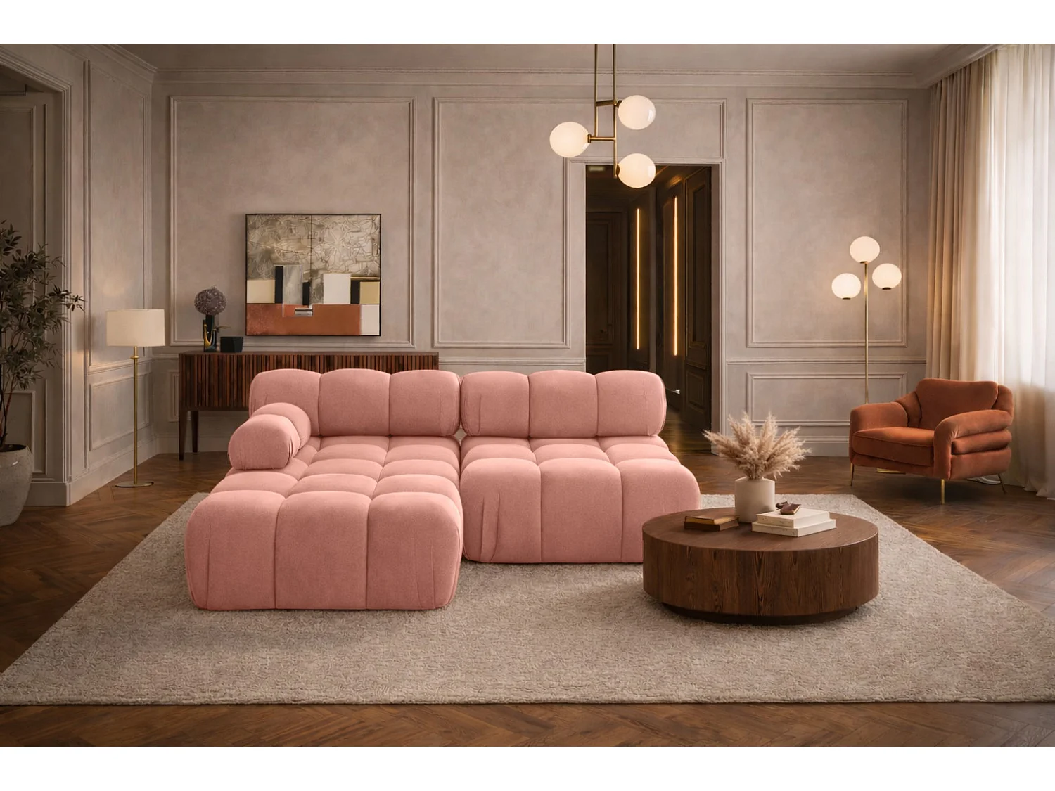 Canapé d’angle en L Mini II modulaire, velours Salvador, Rose, Gauche, Selia