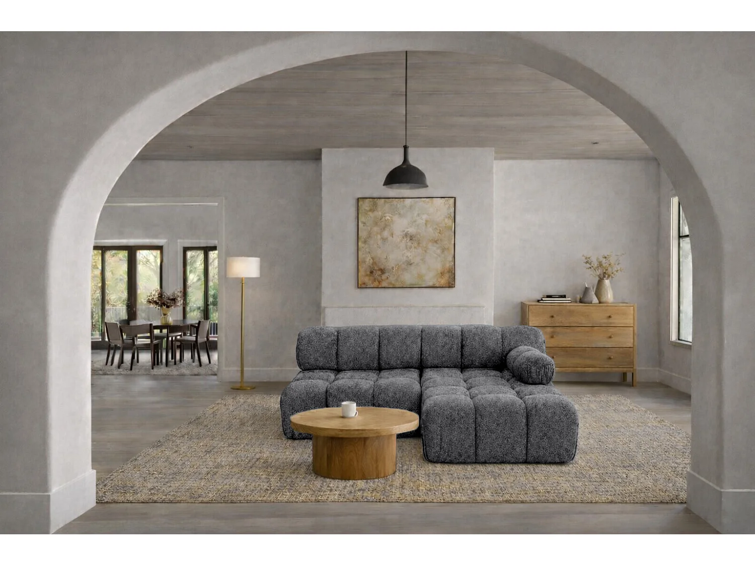 Canapé d’angle en L Mini II modulaire, tissu bouclé Abriamo, Gris foncé, Droite, Selia