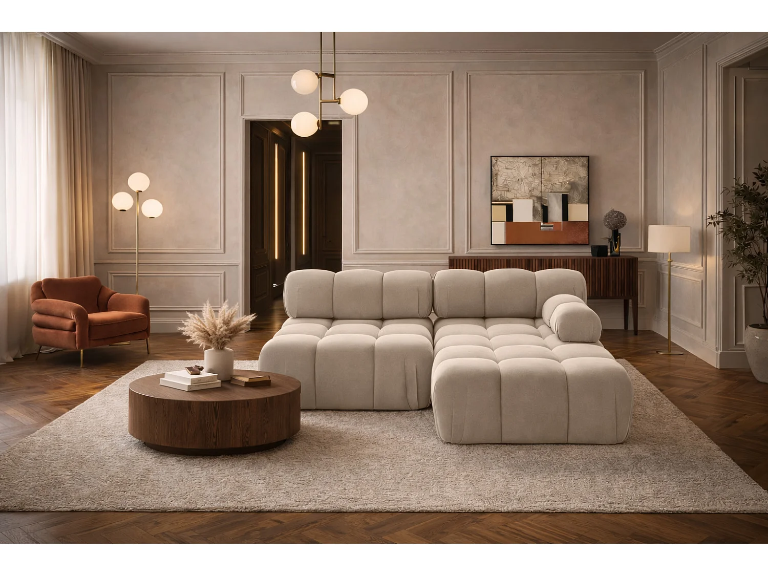 Canapé d’angle en L Mini II modulaire, velours Salvador, Beige, Droite, Selia