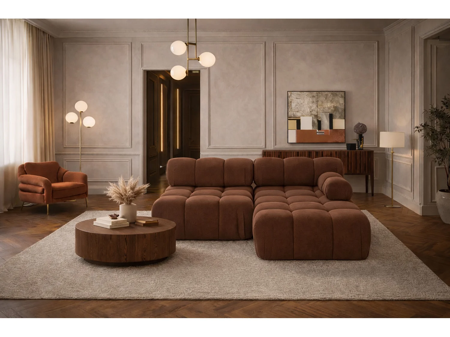 Canapé d’angle en L Mini II modulaire, velours Salvador, Marron foncé, Droite, Selia