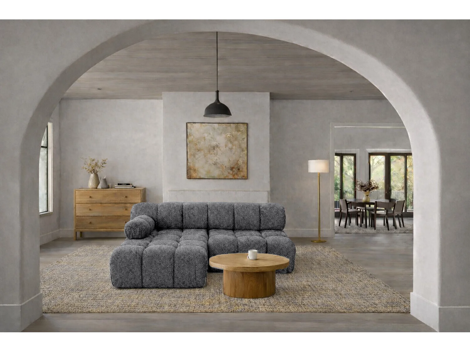 Canapé d’angle en L Mini II modulaire, tissu bouclé Abriamo, Gris foncé, Gauche, Selia