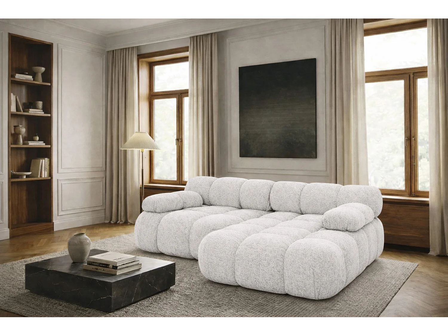 Canapé d’angle L mini modulaire, tissu bouclé Abriamo, Écru, Droite, Selia