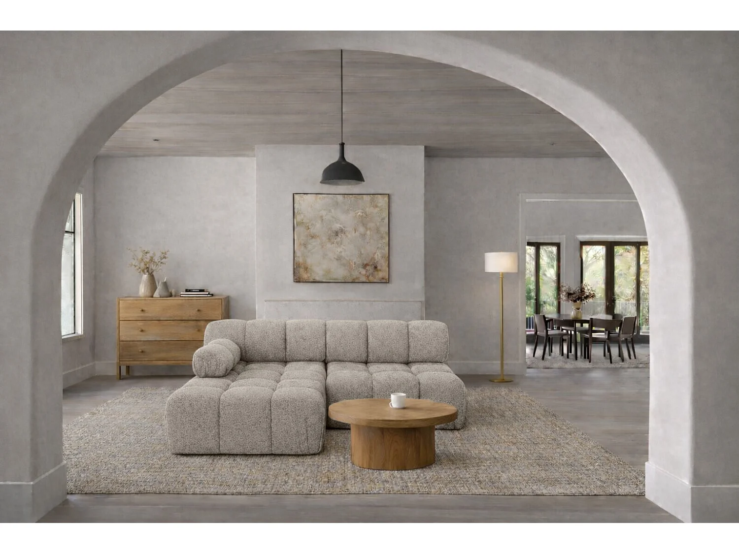 Canapé d’angle en L Mini II modulaire, tissu bouclé Abriamo, Beige, Gauche, Selia