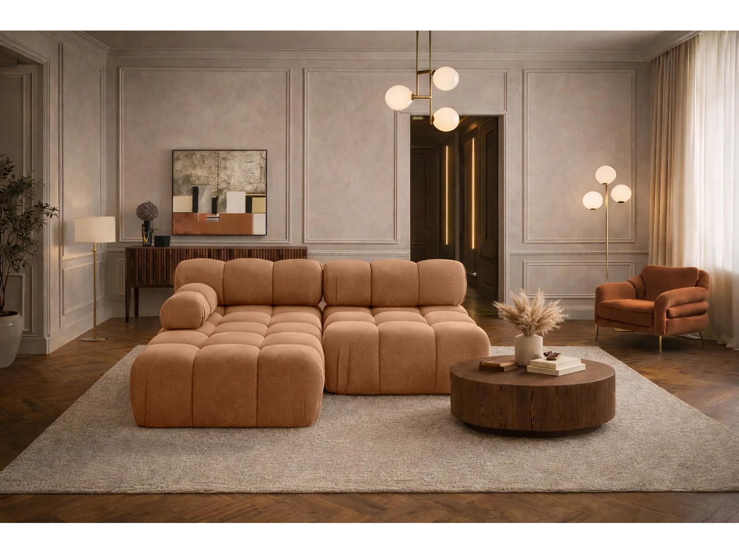 Canapé d’angle en L Mini II modulaire, velours Salvador, Beige foncé, Gauche, Selia