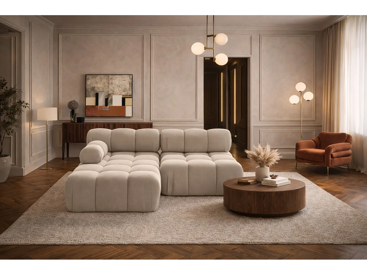 Canapé d’angle en L Mini II modulaire, velours Salvador, Beige, Gauche, Selia