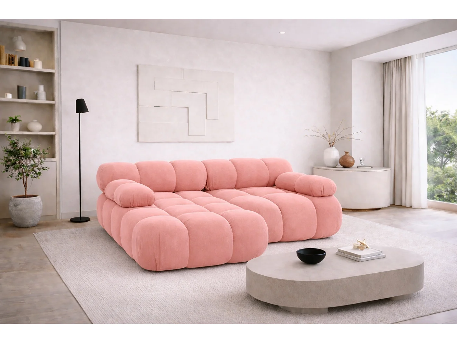 Canapé d’angle L mini modulaire, velours Salvador, Rose, Gauche, Selia