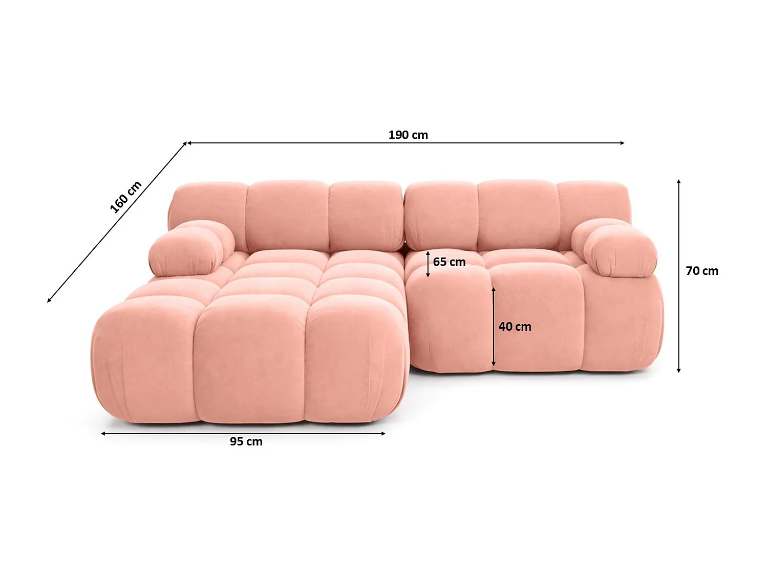 Canapé d’angle L mini modulaire, velours Salvador, Rose, Gauche, Selia