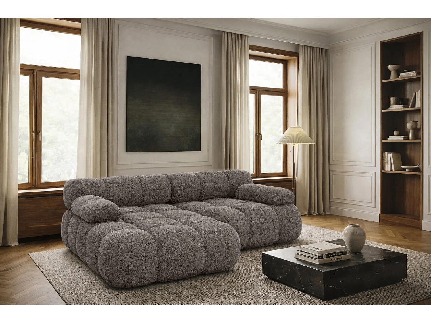 Canapé d’angle L mini modulaire, tissu bouclé Abriamo, Marron, Gauche, Selia