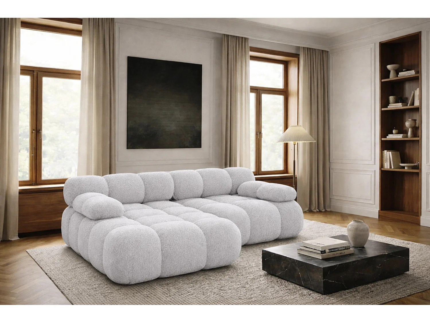 Canapé d’angle L mini modulaire, tissu bouclé Abriamo, Gris clair, Gauche, Selia