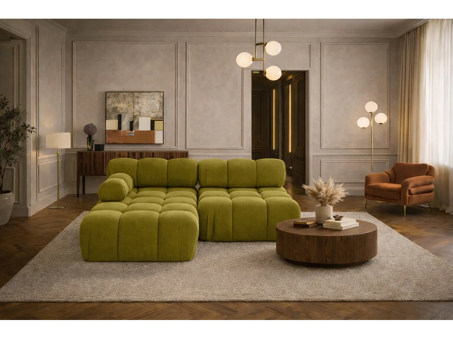 Canapé d’angle en L Mini II modulaire, velours Salvador, Olive, Gauche, Selia