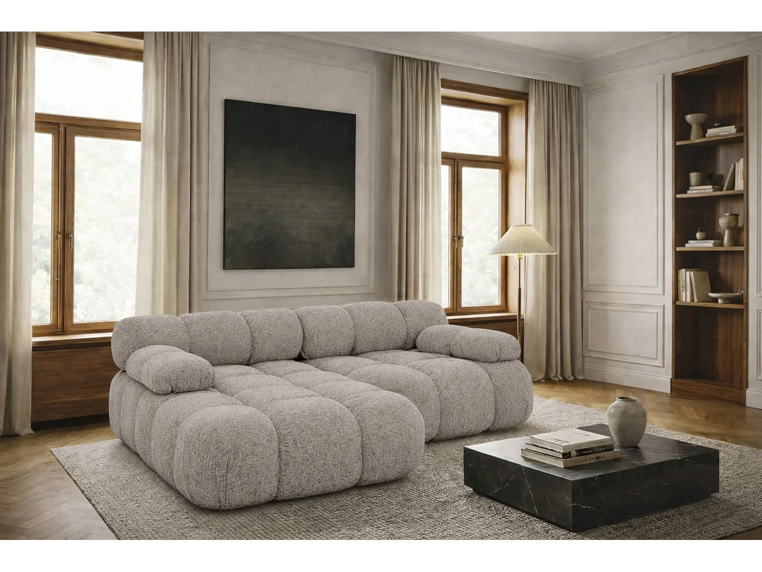 Canapé d’angle L mini modulaire, tissu bouclé Abriamo, Beige, Gauche, Selia