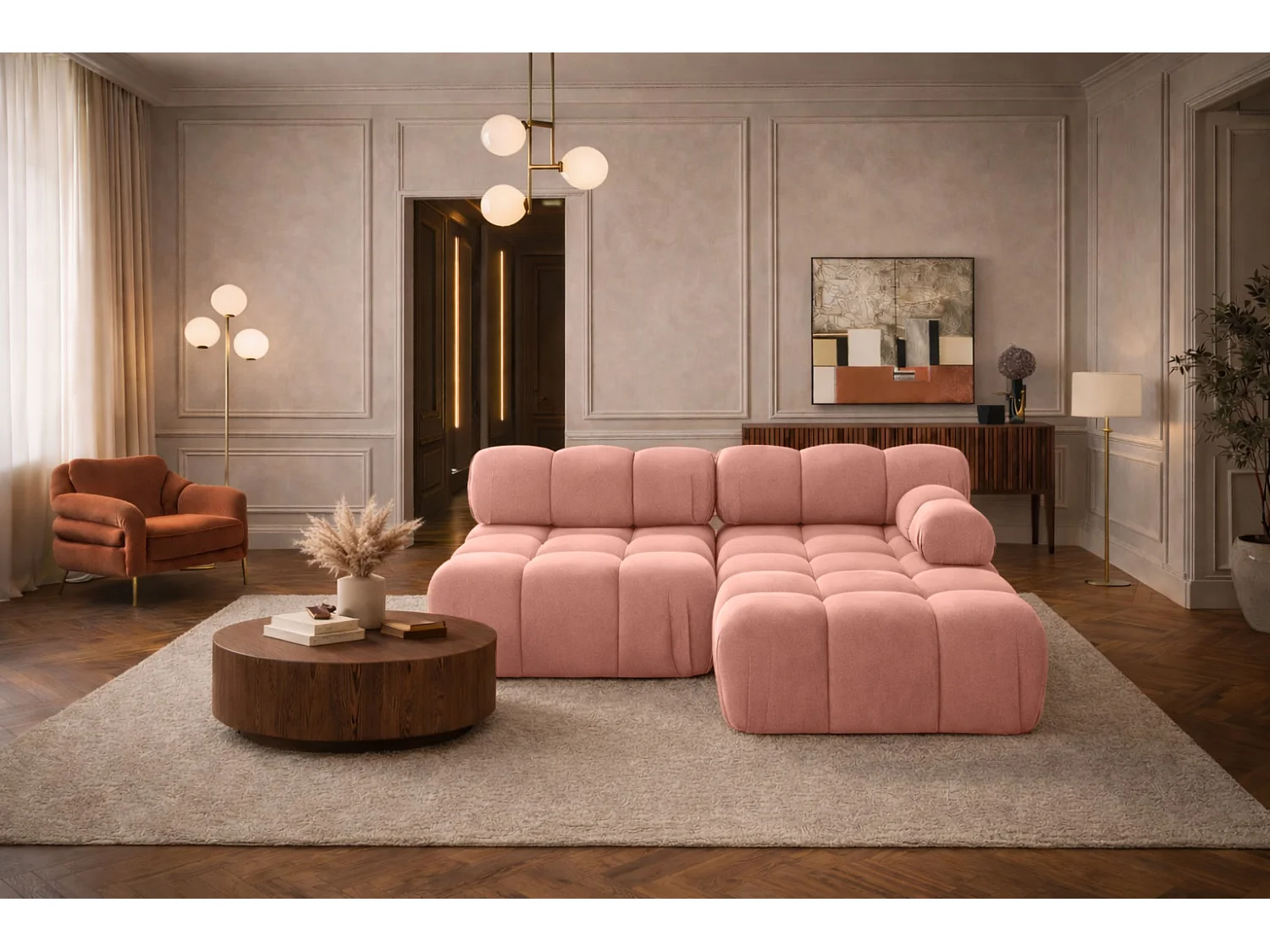 Canapé d’angle en L Mini II modulaire, velours Salvador, Rose, Droite, Selia