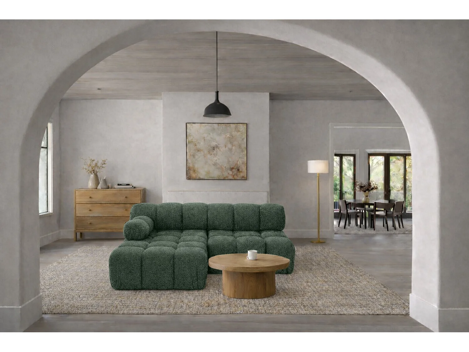 Canapé d’angle en L Mini II modulaire, tissu bouclé Abriamo, Vert foncé, Gauche, Selia