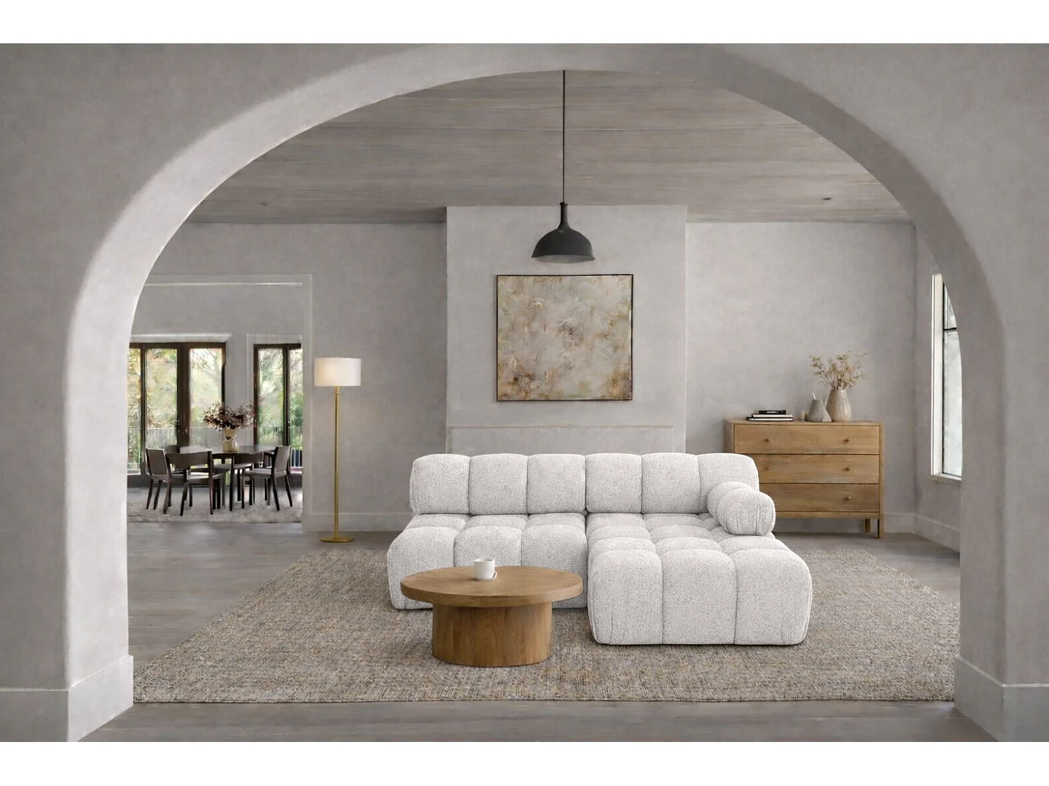 Canapé d’angle en L Mini II modulaire, tissu bouclé Abriamo, Ecru, Droite, Selia