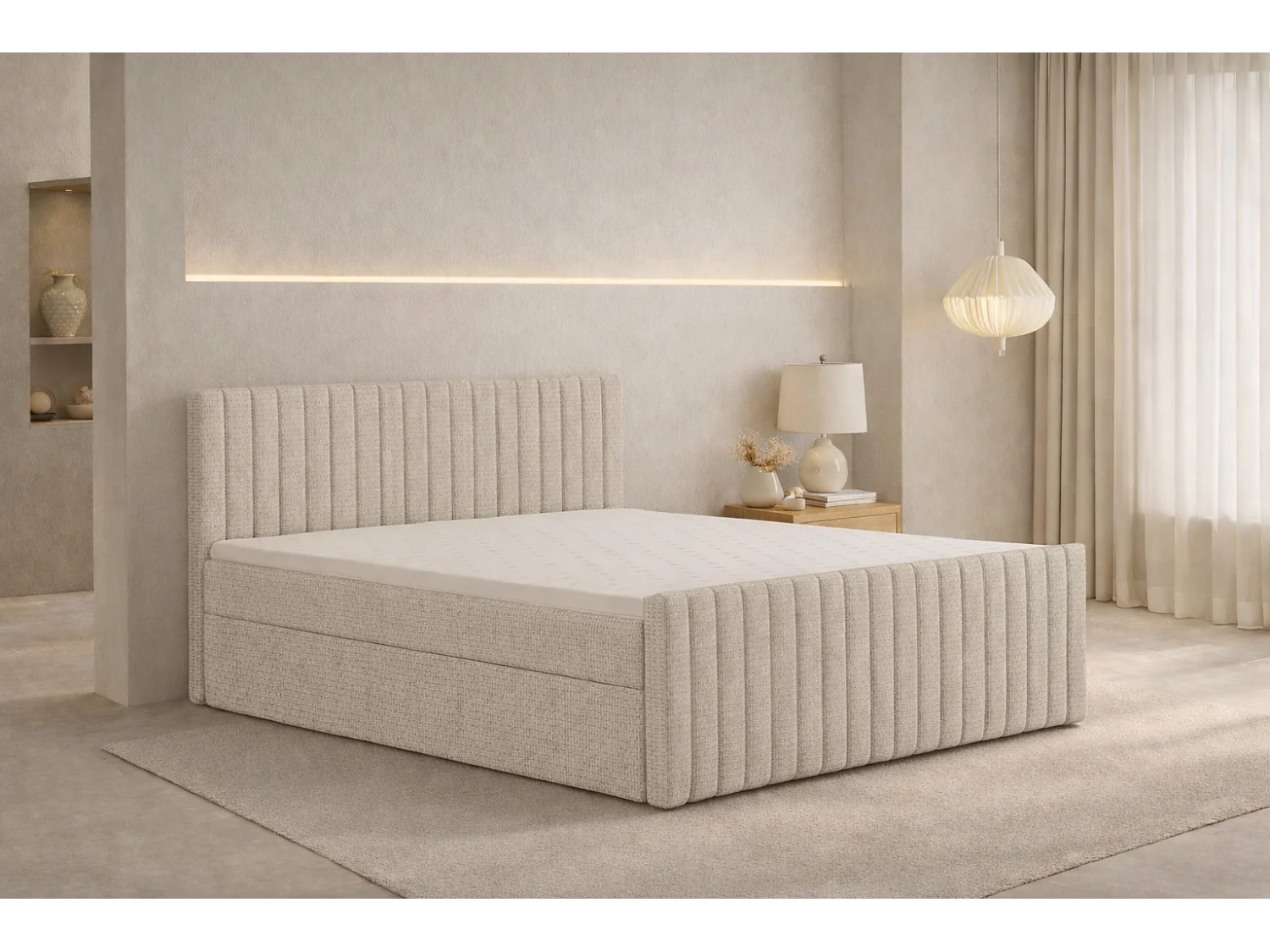 Lit Boxspring avec matelas et coffre de lit, tissu chenille Flow, Beige Foncé, 160x200 cm, H3-Bonell, DEMETER