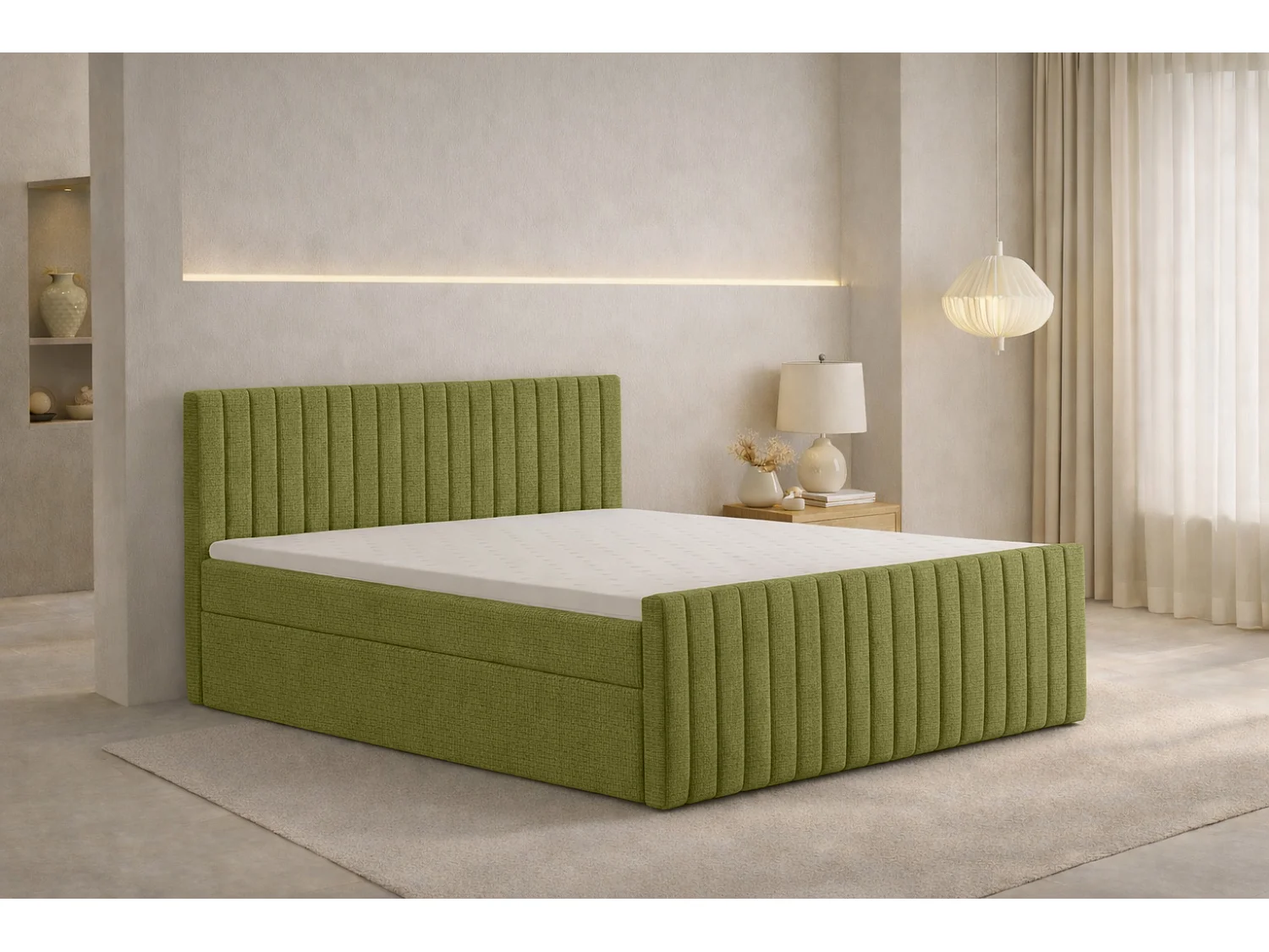 Lit Boxspring avec matelas et coffre de lit, tissu chenille Flow, Olive, 180x200 cm, H3-Bonell, DEMETER