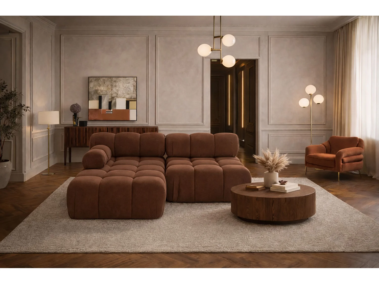 Canapé d’angle en L Mini II modulaire, velours Salvador, Marron foncé, Gauche, Selia