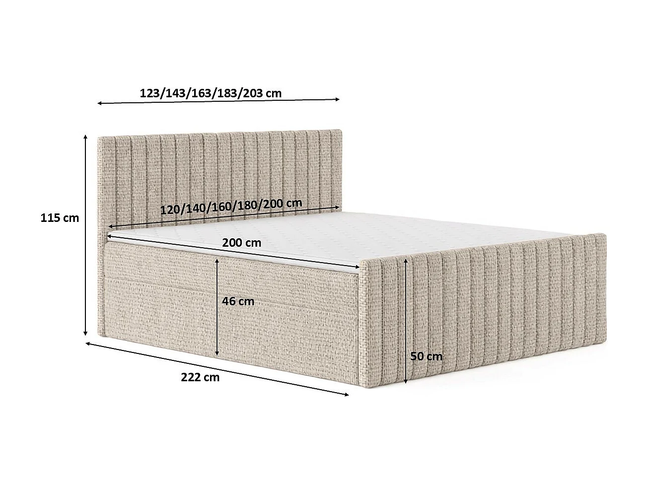 Lit Boxspring avec matelas et coffre de lit, tissu chenille Flow, Beige Foncé, 200x200 cm, H3-Bonell, DEMETER