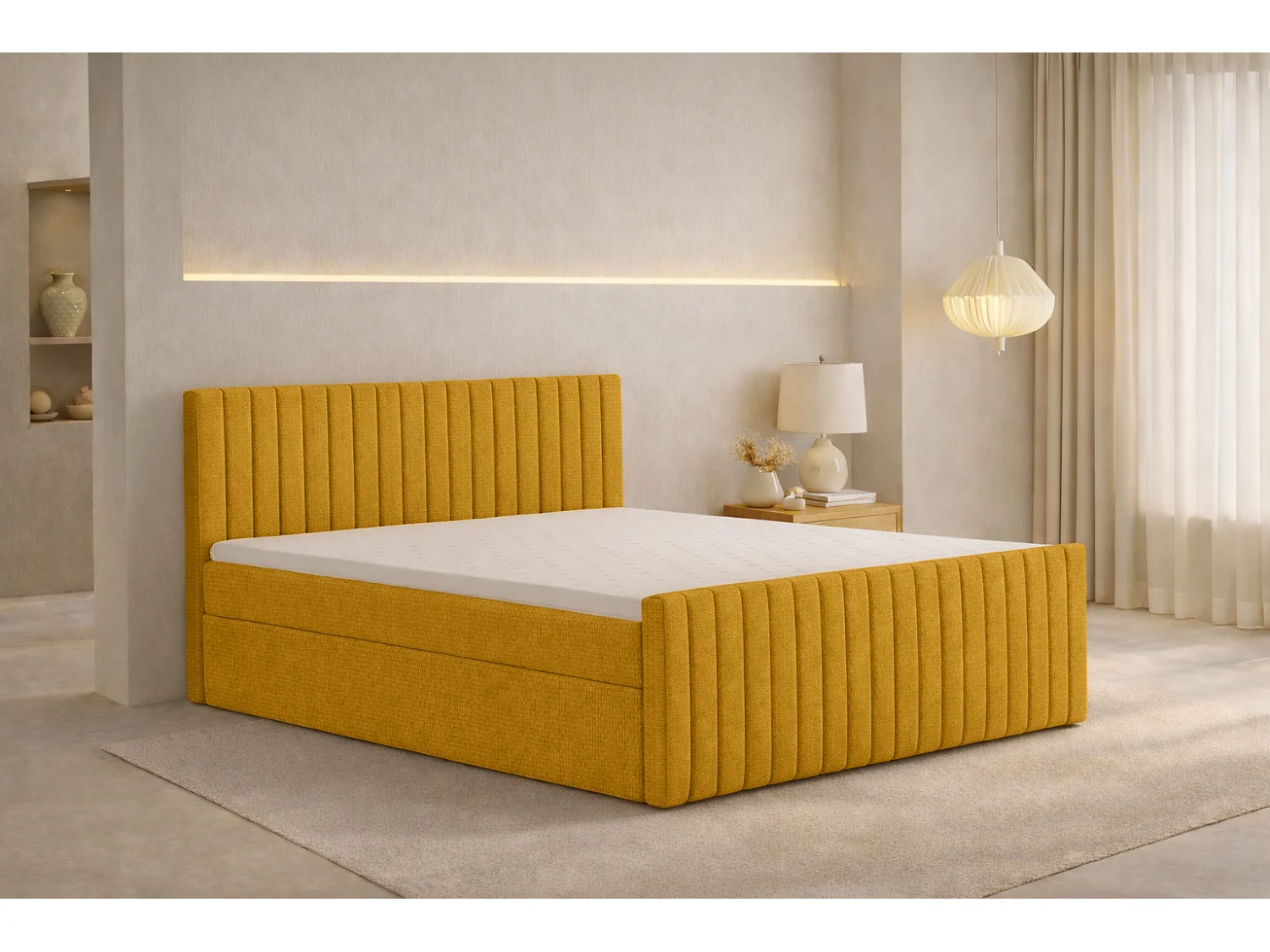 Lit Boxspring avec matelas et coffre de lit, tissu chenille Flow, Jaune, 180x200 cm, H3-Bonell, DEMETER
