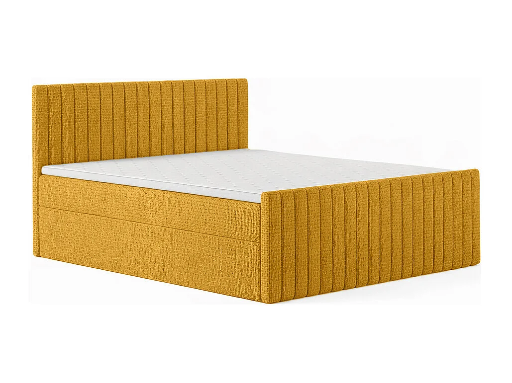 Lit Boxspring avec matelas et coffre de lit, tissu chenille Flow, Jaune, 140x200 cm, H2-Pocket, DEMETER