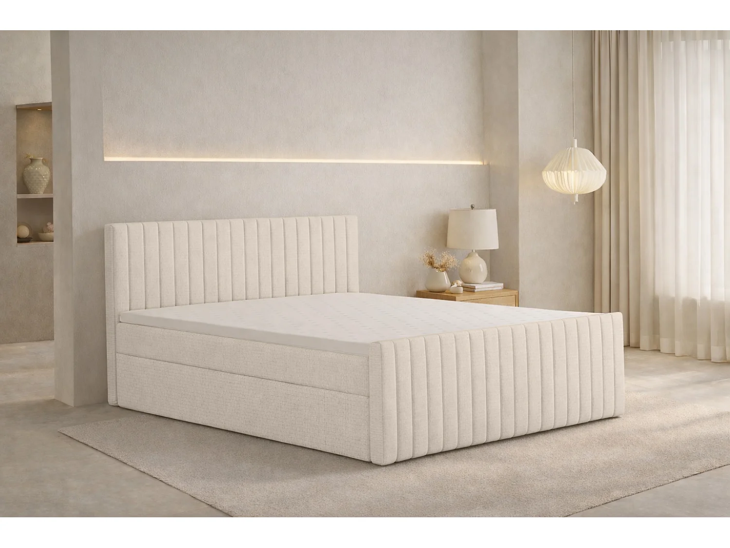 Lit Boxspring avec matelas et coffre de lit, tissu chenille Flow, Beige, 140x200 cm, H2-Pocket, DEMETER