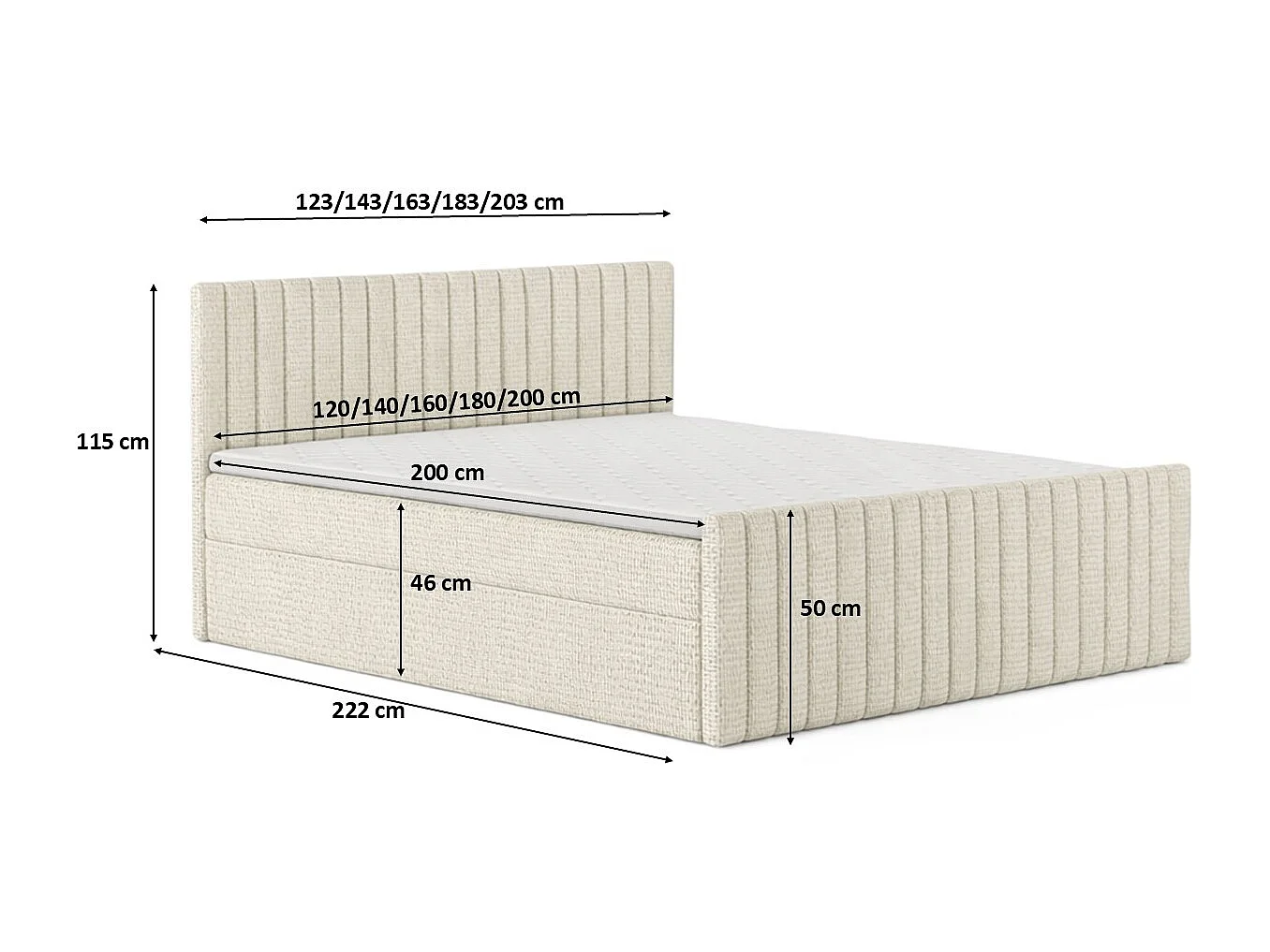 Lit Boxspring avec matelas et coffre de lit, tissu chenille Flow, Beige, 140x200 cm, H2-Pocket, DEMETER