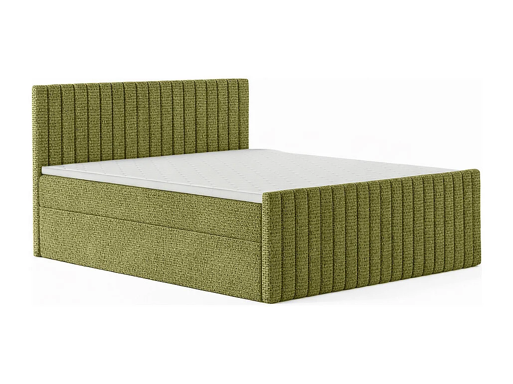 Lit Boxspring avec matelas et coffre de lit, tissu chenille Flow, Olive, 140x200 cm, H2-Pocket, DEMETER