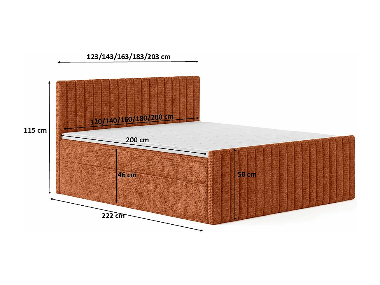Lit Boxspring avec matelas et coffre de lit, tissu chenille Flow, Cuivre, 120x200 cm, H3-Bonell, DEMETER
