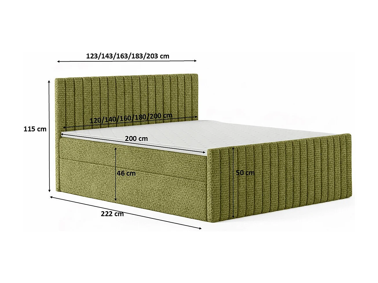 Lit Boxspring avec matelas et coffre de lit, tissu chenille Flow, Olive, 200x200 cm, H2-Pocket, DEMETER
