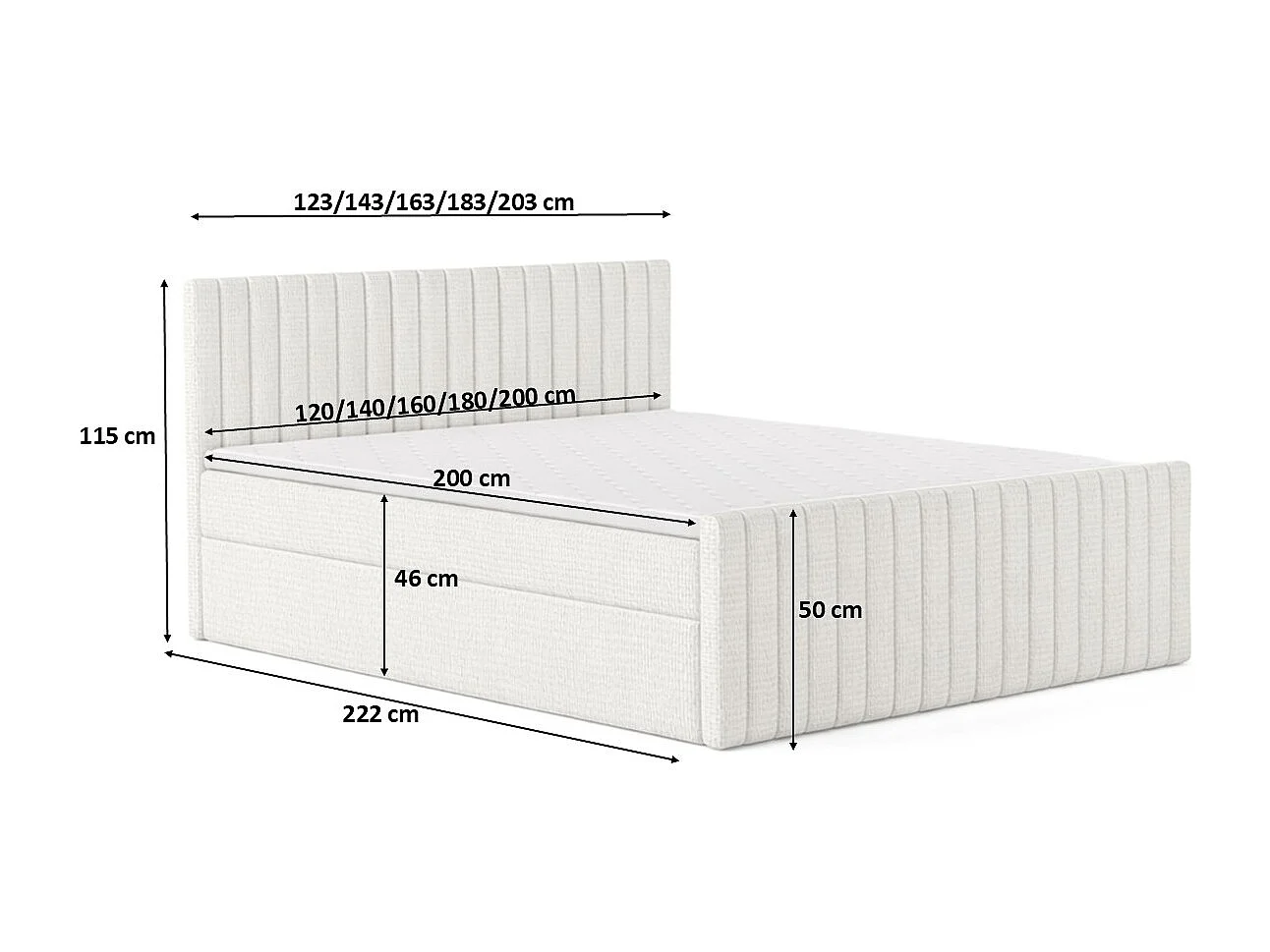 Lit Boxspring avec matelas et coffre de lit, tissu chenille Flow, Ecru, 180x200 cm, H3-Bonell, DEMETER