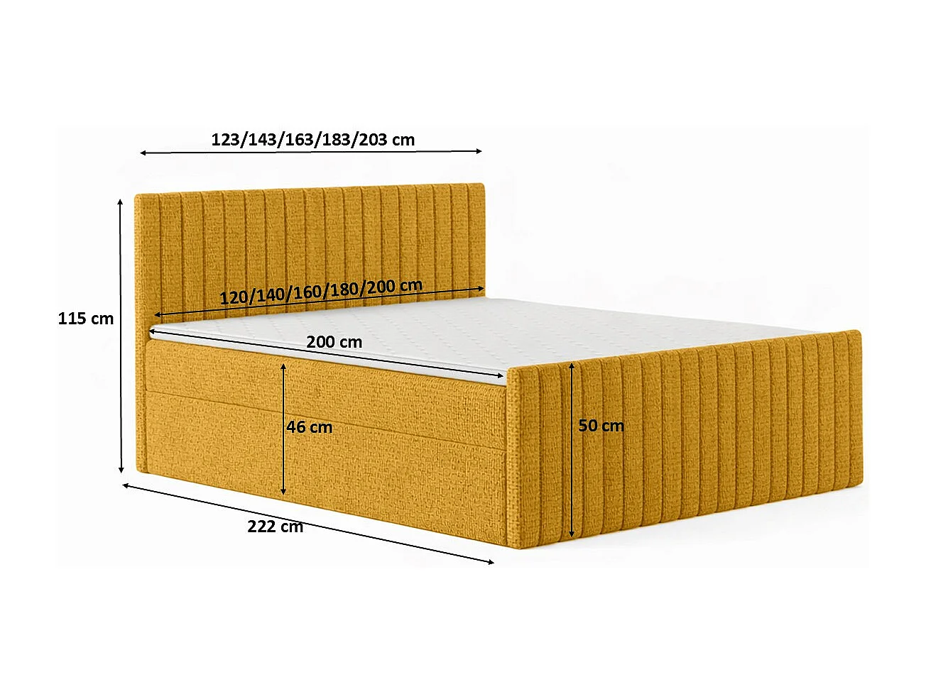 Lit Boxspring avec matelas et coffre de lit, tissu chenille Flow, Jaune, 160x200 cm, H2-Pocket, DEMETER