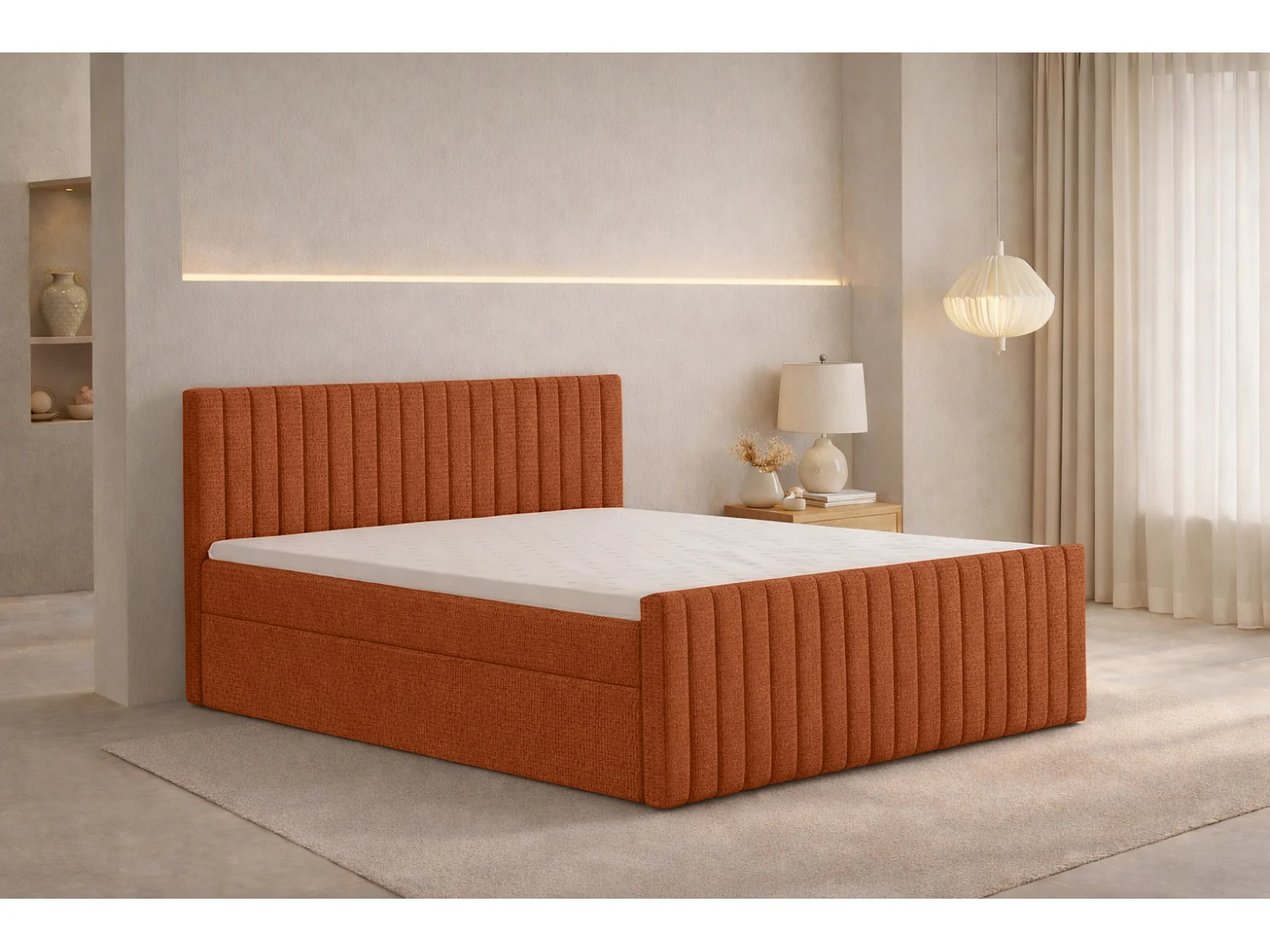 Lit Boxspring avec matelas et coffre de lit, tissu chenille Flow, Cuivre, 200x200 cm, H3-Bonell, DEMETER