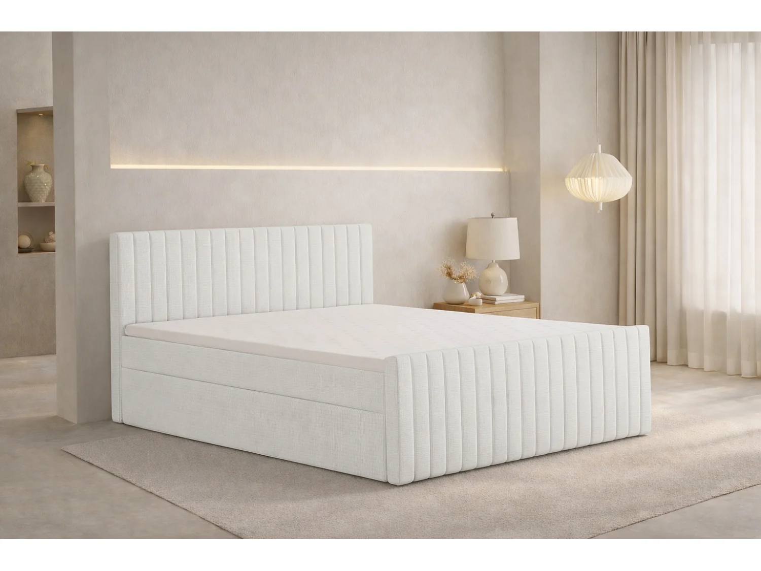 Lit Boxspring avec matelas et coffre de lit, tissu chenille Flow, Ecru, 160x200 cm, H2-Pocket, DEMETER