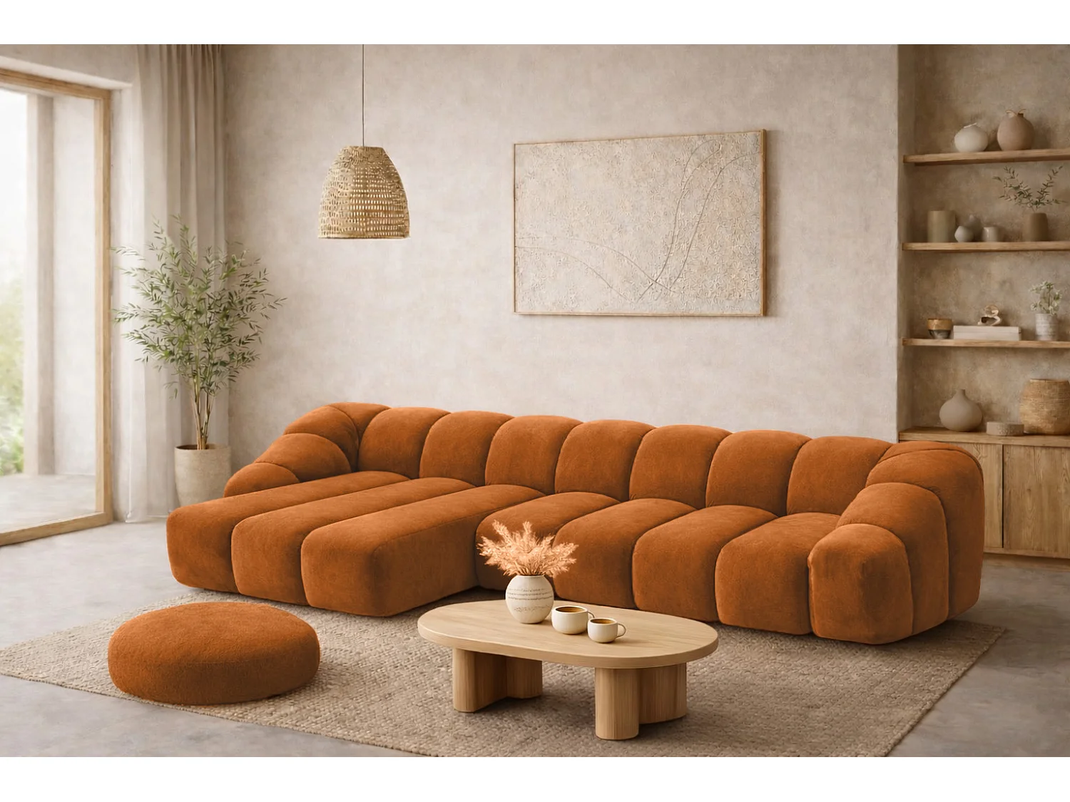 Divano angolare modulare a L, tessuto velluto Bluvel, color cannella, sinistra, CROISSANT XL