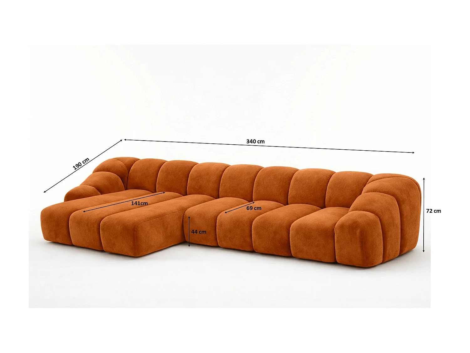 Divano angolare modulare a L, tessuto velluto Bluvel, color cannella, sinistra, CROISSANT XL