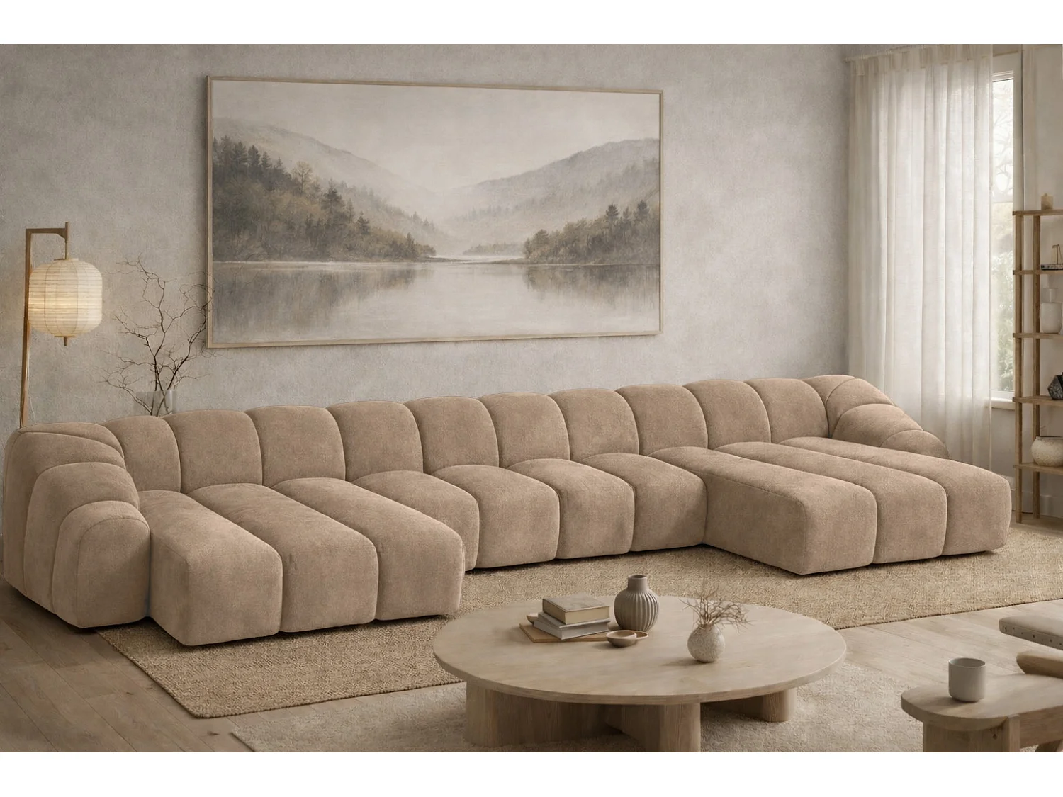 Divano angolare modulare a U, tessuto velluto Bluvel, latte, CROISSANT U XL