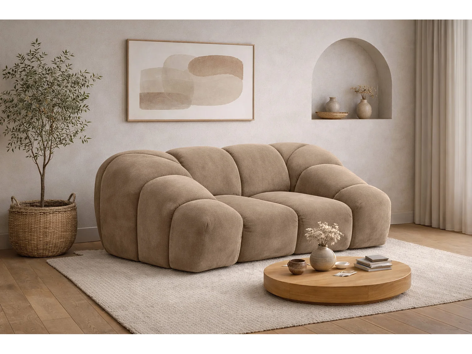 Fauteuil modulaire, tissu velours Bluvel, latte, CROISSANT