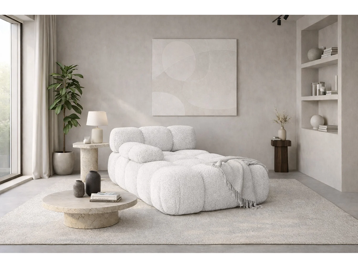 Méridienne modulaire, tissu bouclé Abriamo, Écru, Gauche, Selia