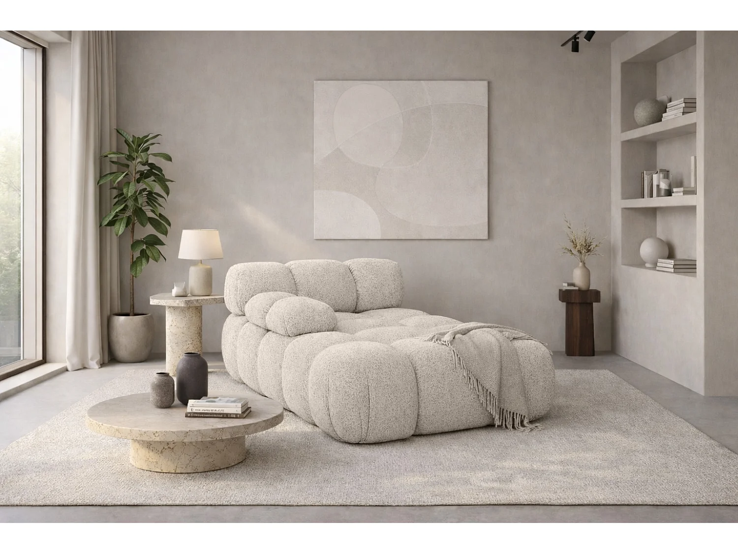Méridienne modulaire, tissu bouclé Abriamo, Beige, Gauche, Selia