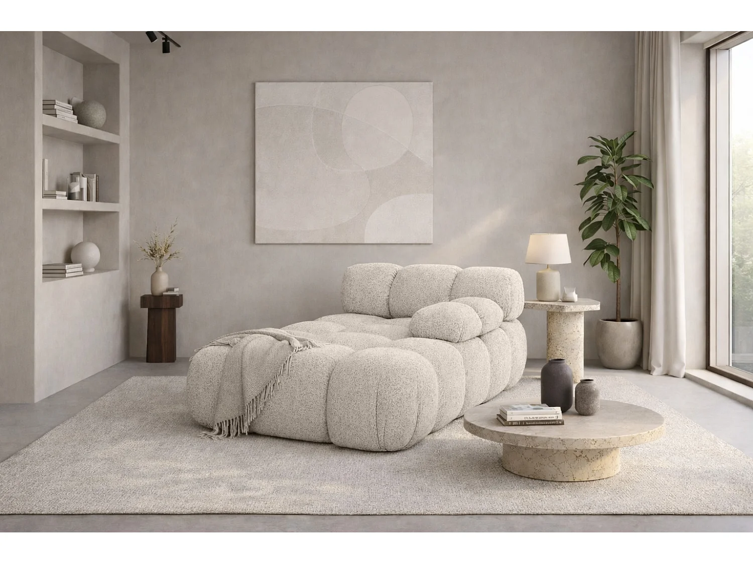 Méridienne modulaire, tissu bouclé Abriamo, Beige, Droite, Selia