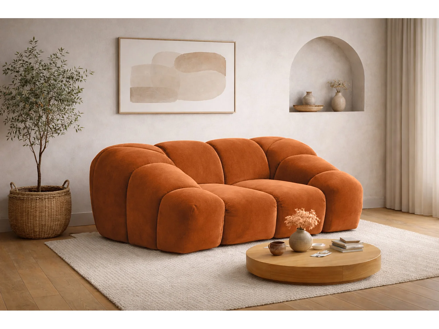 Fauteuil modulaire, tissu velours Bluvel, couleur cannelle, CROISSANT