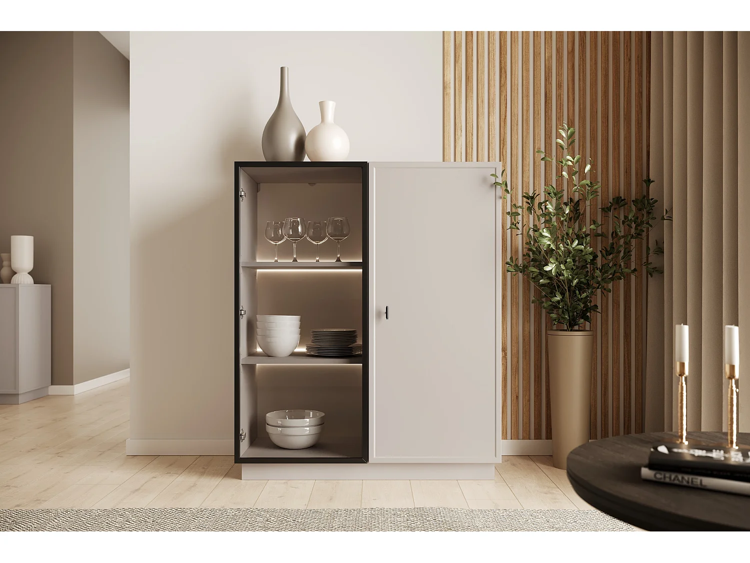 2-türige Vitrine mit integrierter LED-Beleuchtung, Kaschmir, 100 x 45 cm