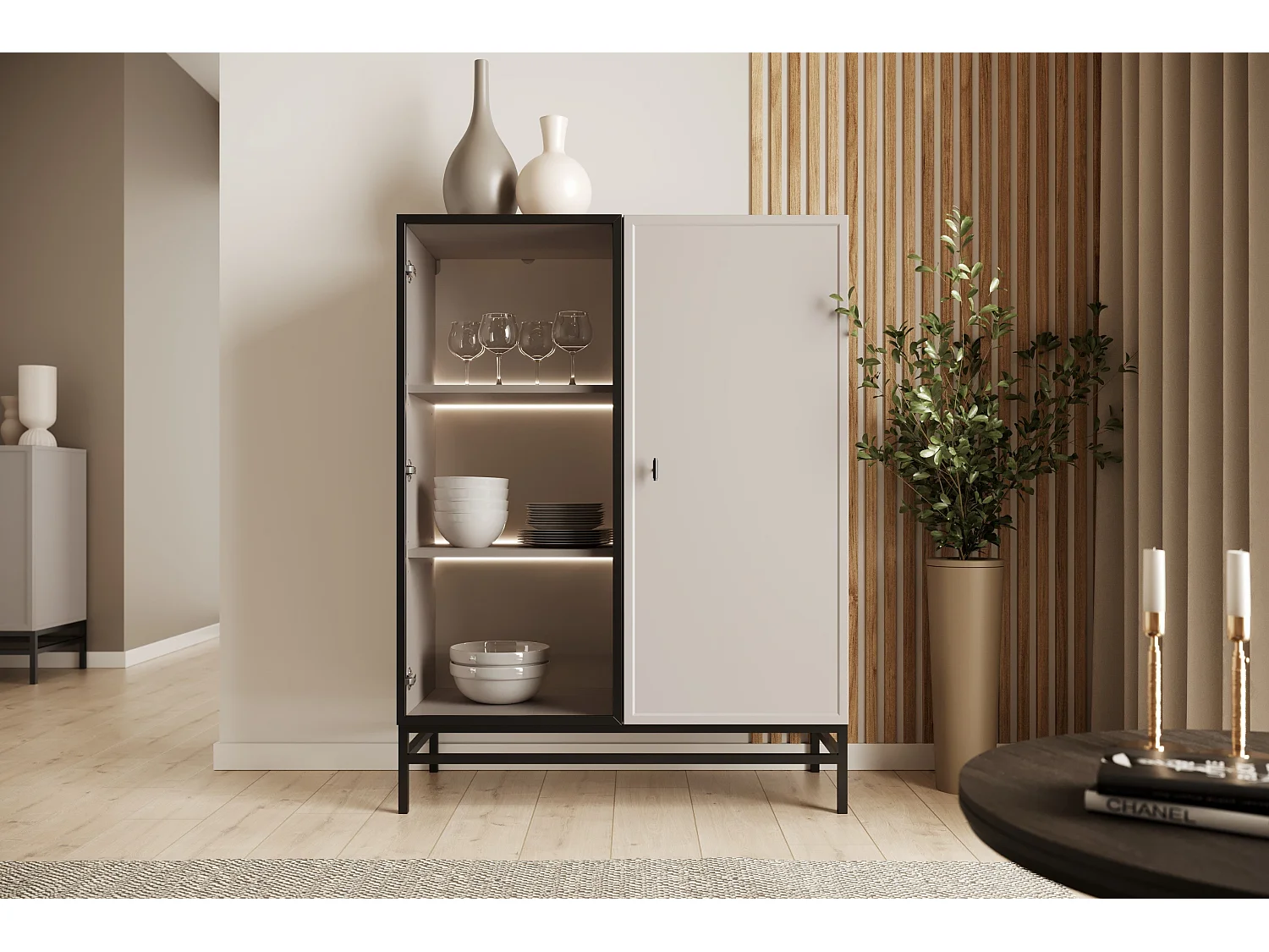 2-türige Vitrine mit integrierter LED-Beleuchtung, Kaschmir, 100 x 45 cm