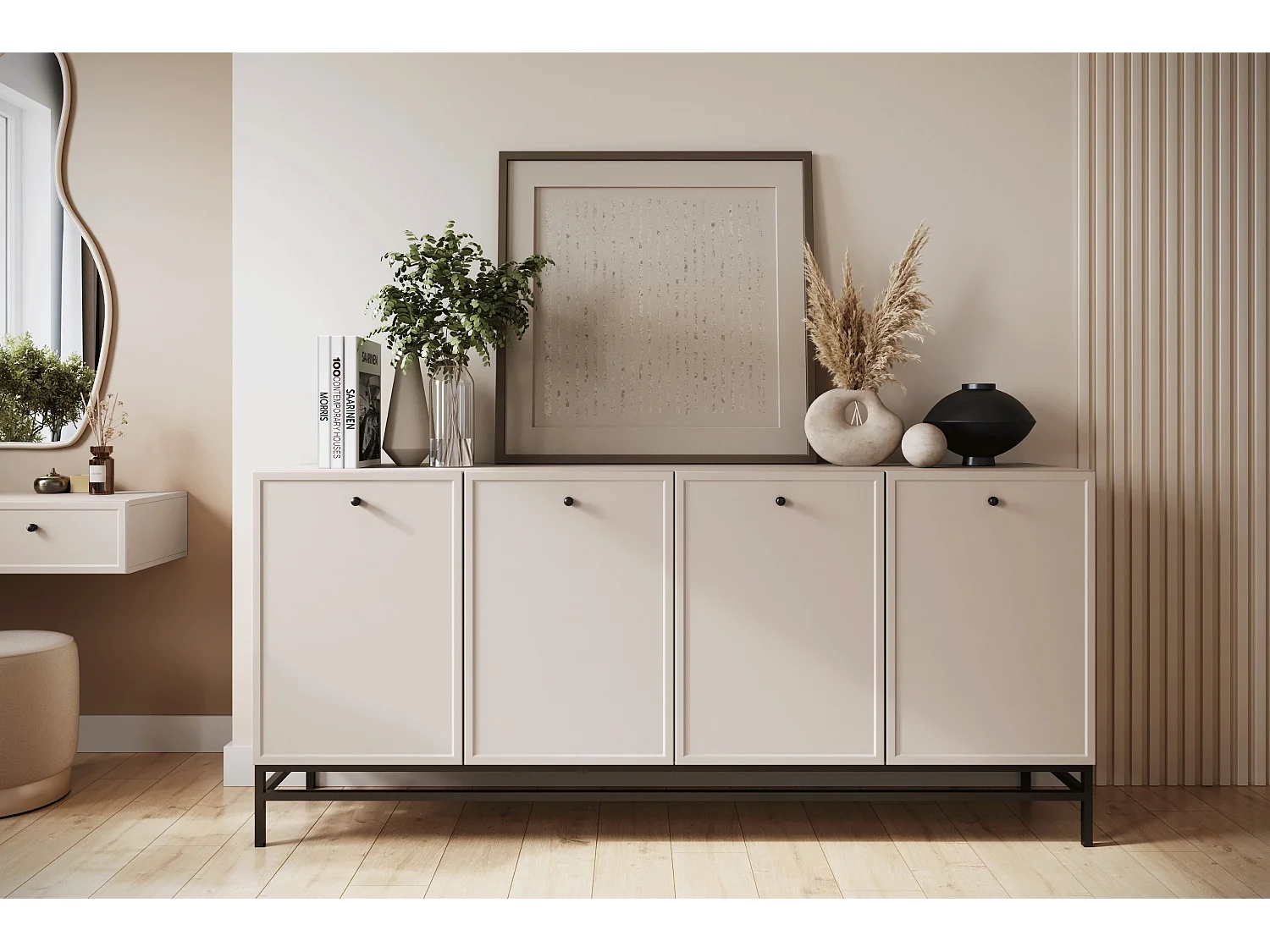 Buffet à 2 portes et 3 tiroirs avec poignées dorées, 150 x 45 cm