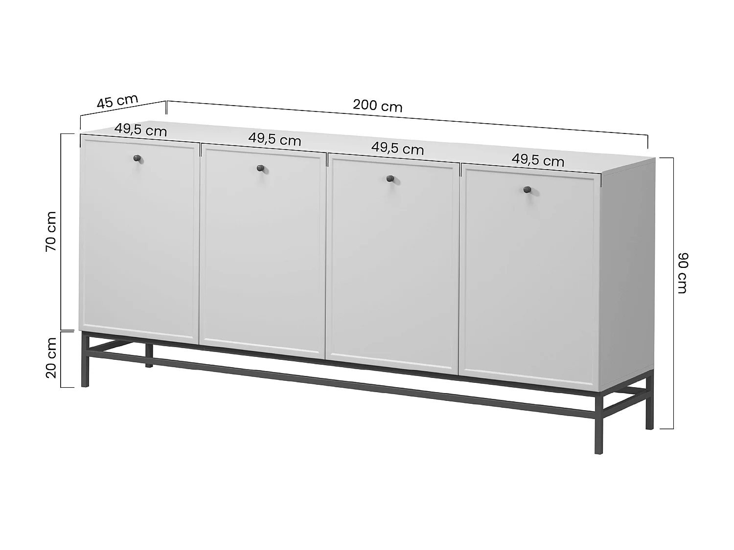 Buffet à 2 portes et 3 tiroirs avec poignées dorées, 150 x 45 cm