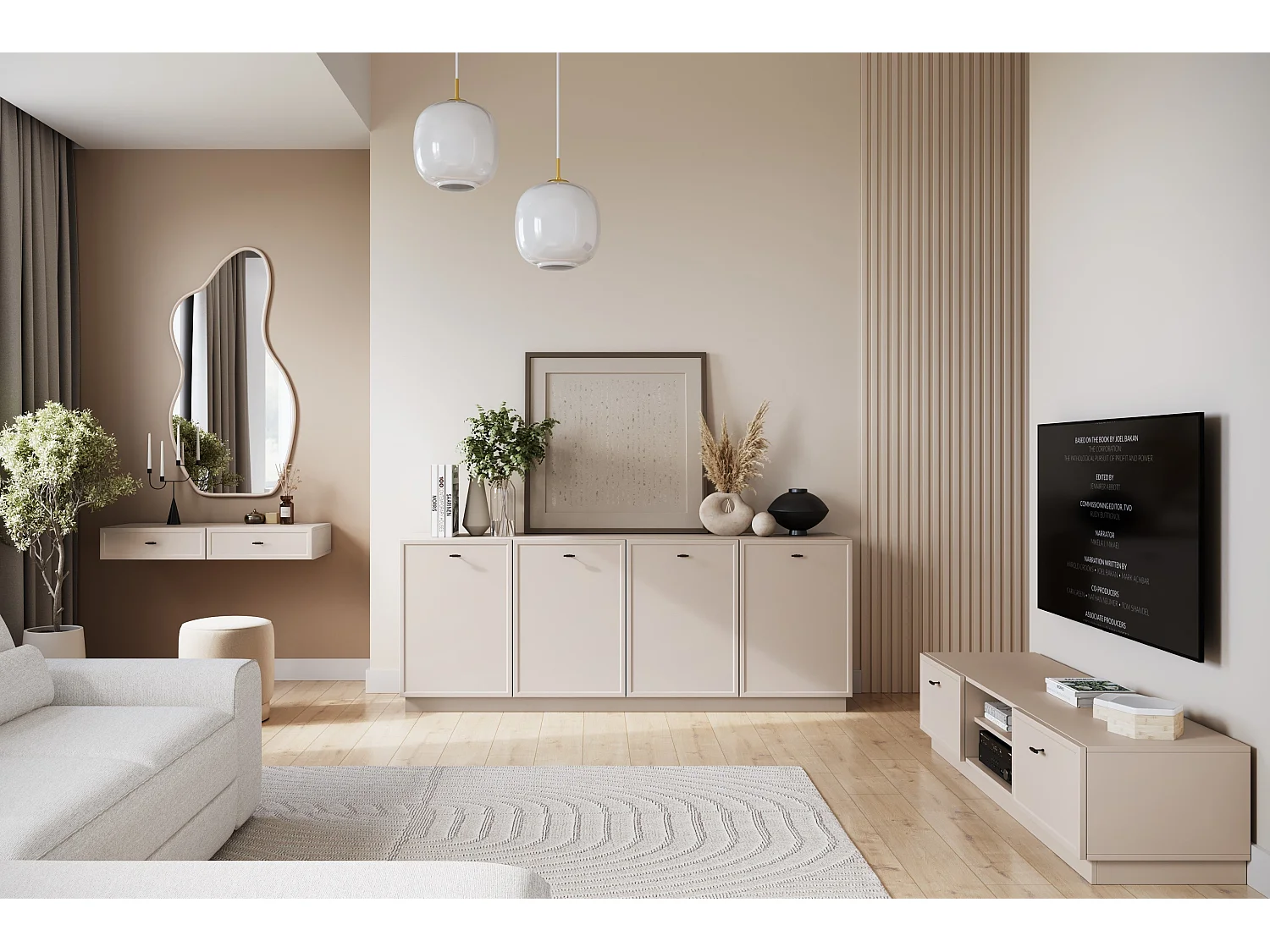 TV-Ständer aus Kaschmir mit 2 Schubladen und schwarzen Griffen, 150 x 45 cm