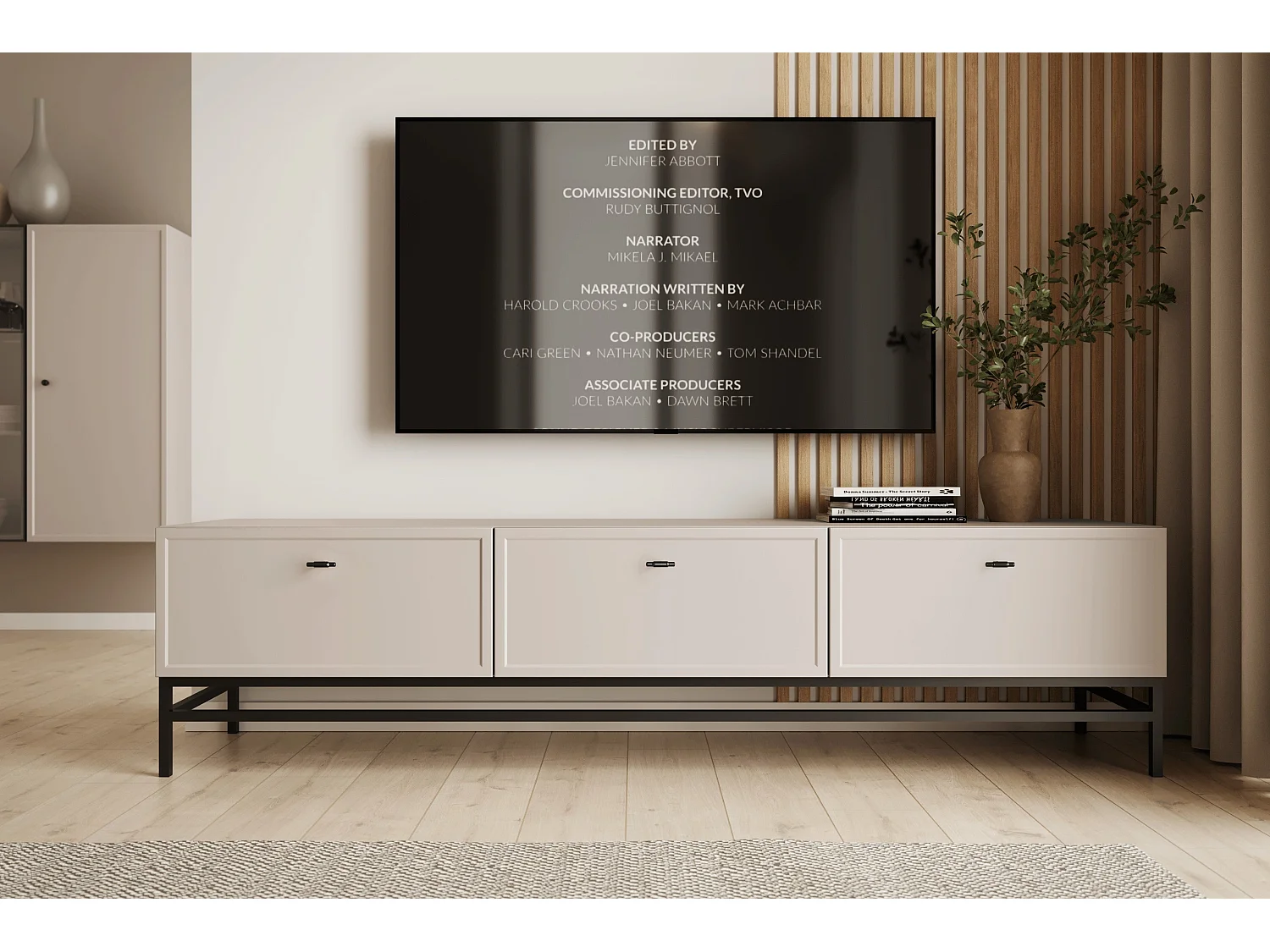 TV-Ständer aus Kaschmir mit 1 Tür und 2 Schubladen, schwarzen Griffen, 200 x 45 cm