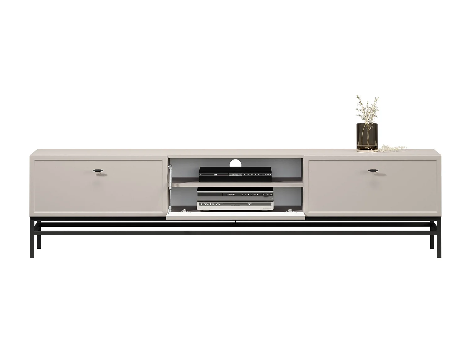 TV-Ständer aus Kaschmir mit 1 Tür und 2 Schubladen, schwarzen Griffen, 200 x 45 cm