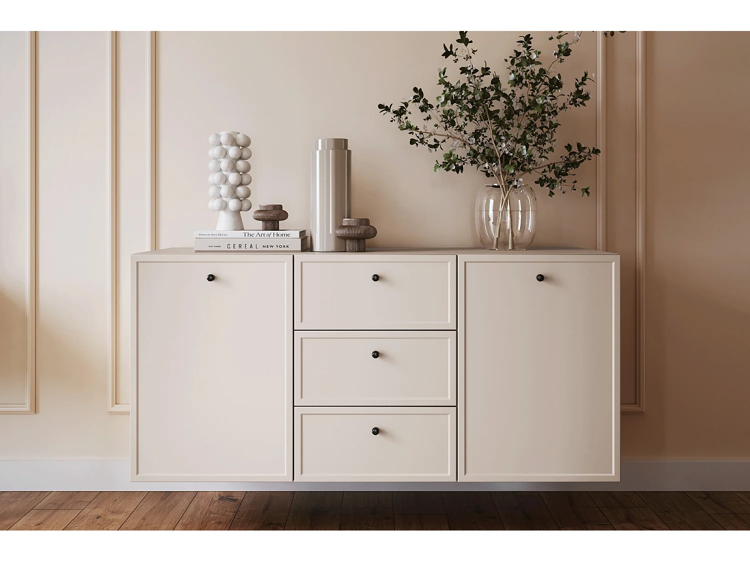 Buffet à 2 portes et 3 tiroirs avec poignées dorées, 150 x 45 cm